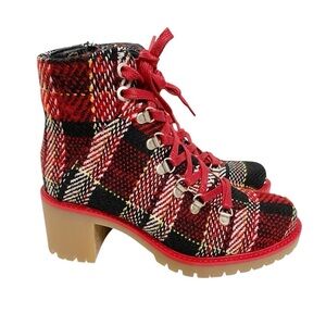 Eric Michael Indigo Lace-Up Boots Red Plaid Tweed Women's 35